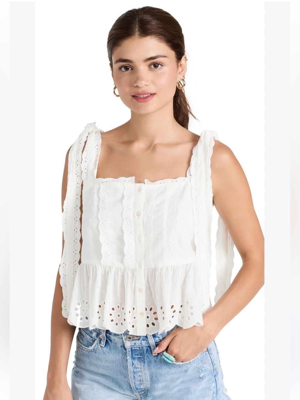 Farm Rio Eyelet Tie Shoulder Cotton Top Size XS